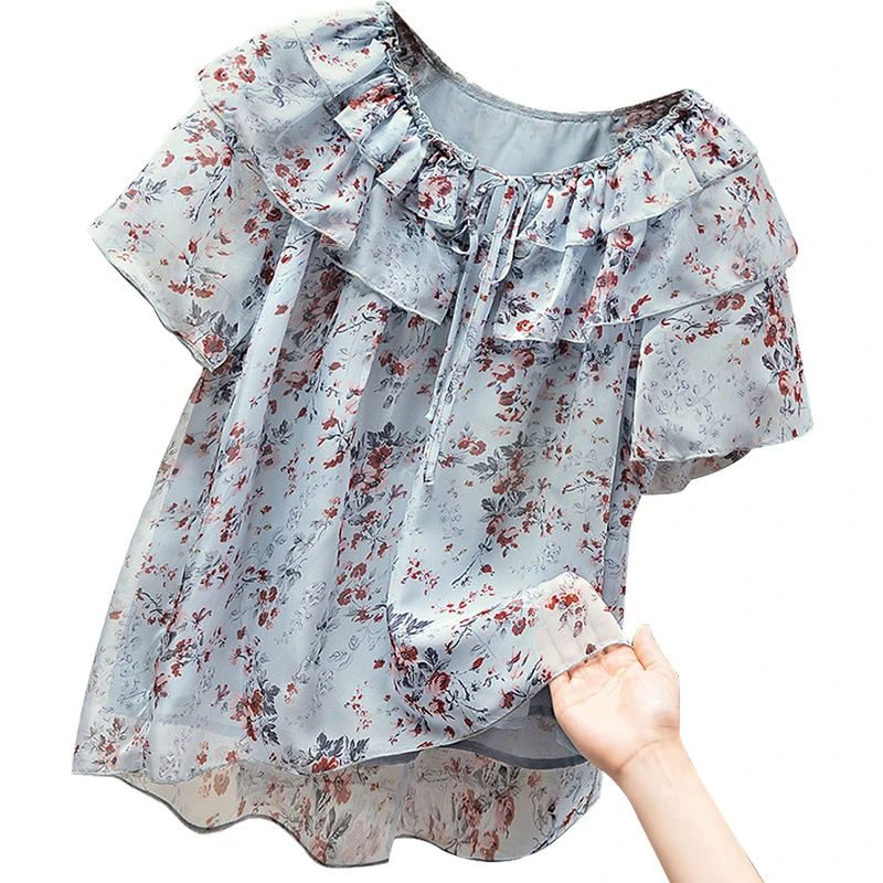 丝柏舍2025夏装新款女装宽松花边圆领甜美碎花衬衫S42B1141C