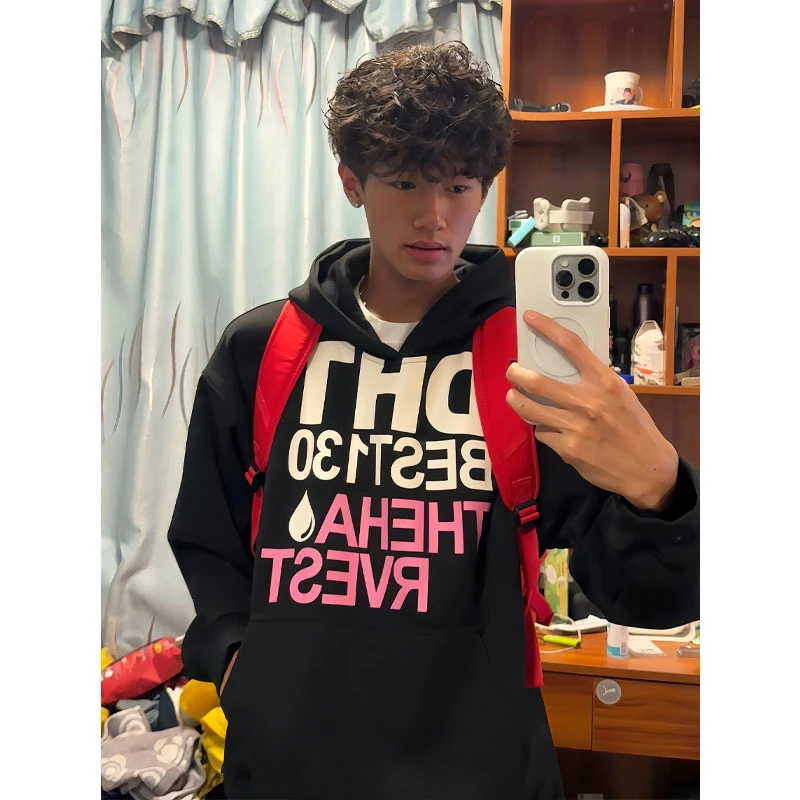 苦命甜心字母印花连帽卫衣男款秋季美式复古cleanfit情侣正肩外套