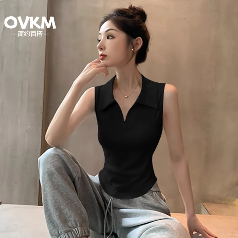 OVKM高级感黑色翻领弧形下摆吊带背心女2025春夏季新款螺纹polo领