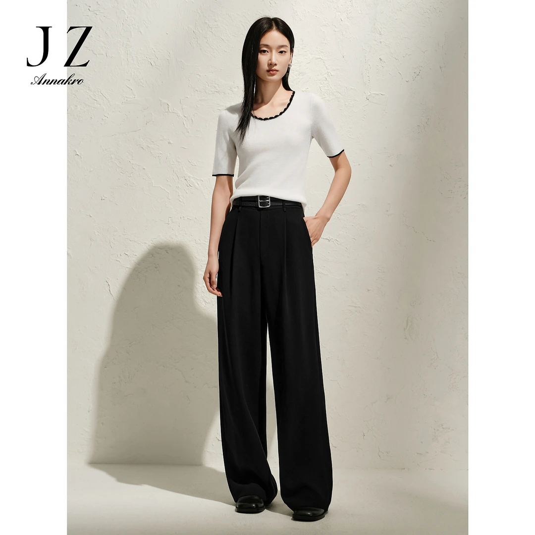 玖姿安娜蔻KWFC11017通勤醋酸宽松垂坠阔腿裤拖地休闲裤女2025春
