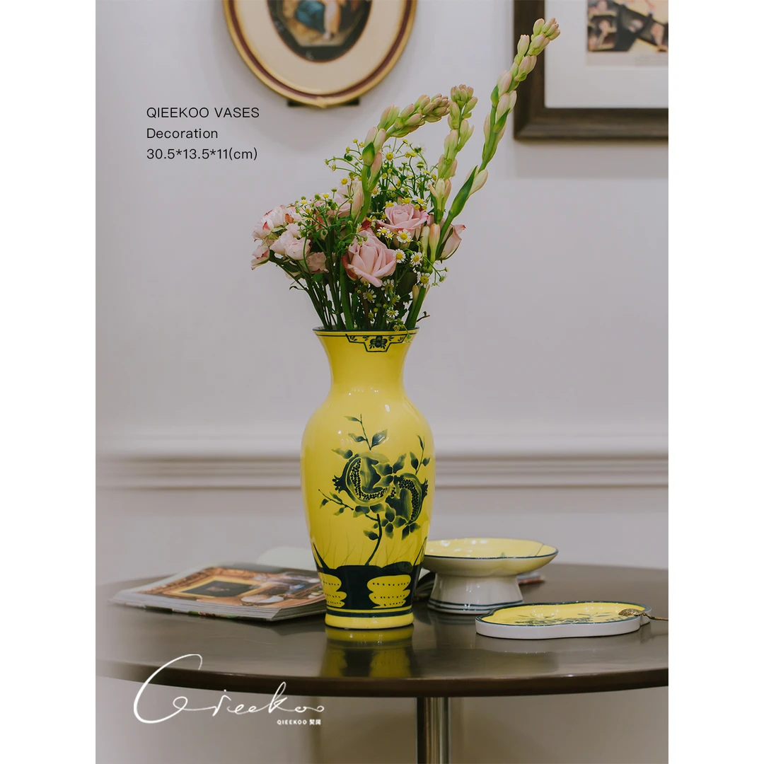 契阔家居新中式手工陶瓷彩绘花瓶客厅玄关桌面手绘托盘果盘摆件