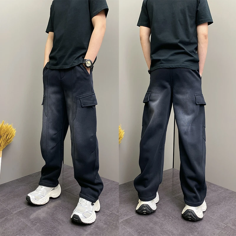 2025冬季潮流加绒褶皱工装弯刀裤男士百搭宽松纯色休闲拼接直筒裤