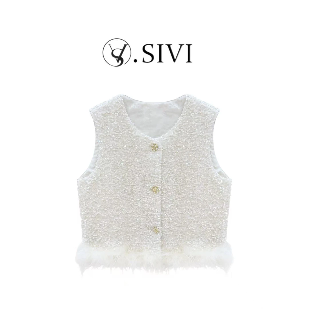 熙薇【纯粹白羽】 2025冬季新款设计师丝绒珠片绣马甲H7057