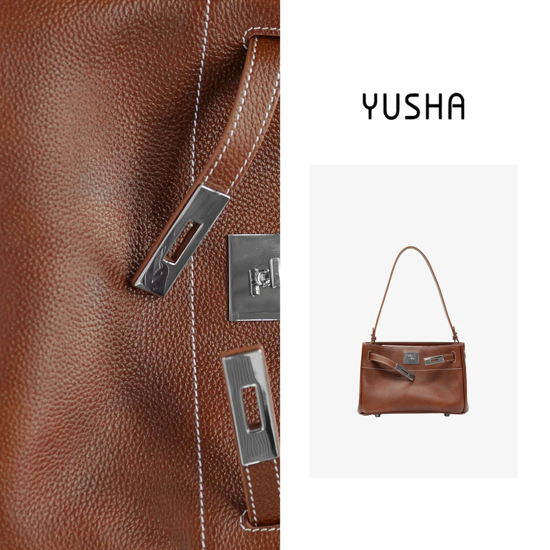 YUSHA/高档真皮金棕色福宝皮单肩包阿力银扣