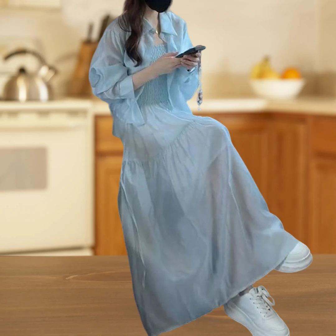 2025夏季新款小个子时尚显瘦薄款防晒上衣吊带连衣裙子两件套装女