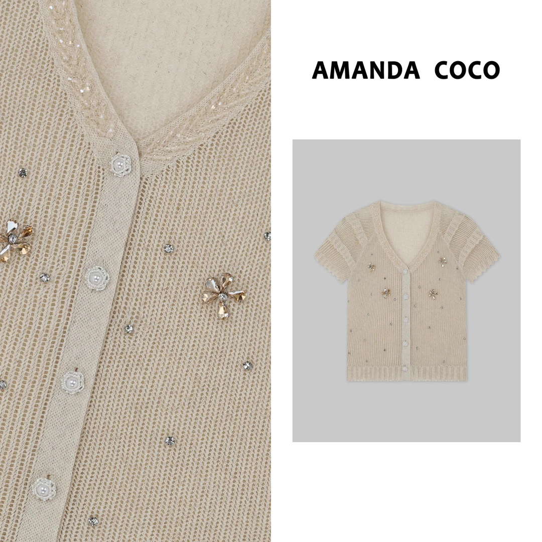 COCO | 南法夏日～重工钉钻v领清凉小镂空短袖针织衫