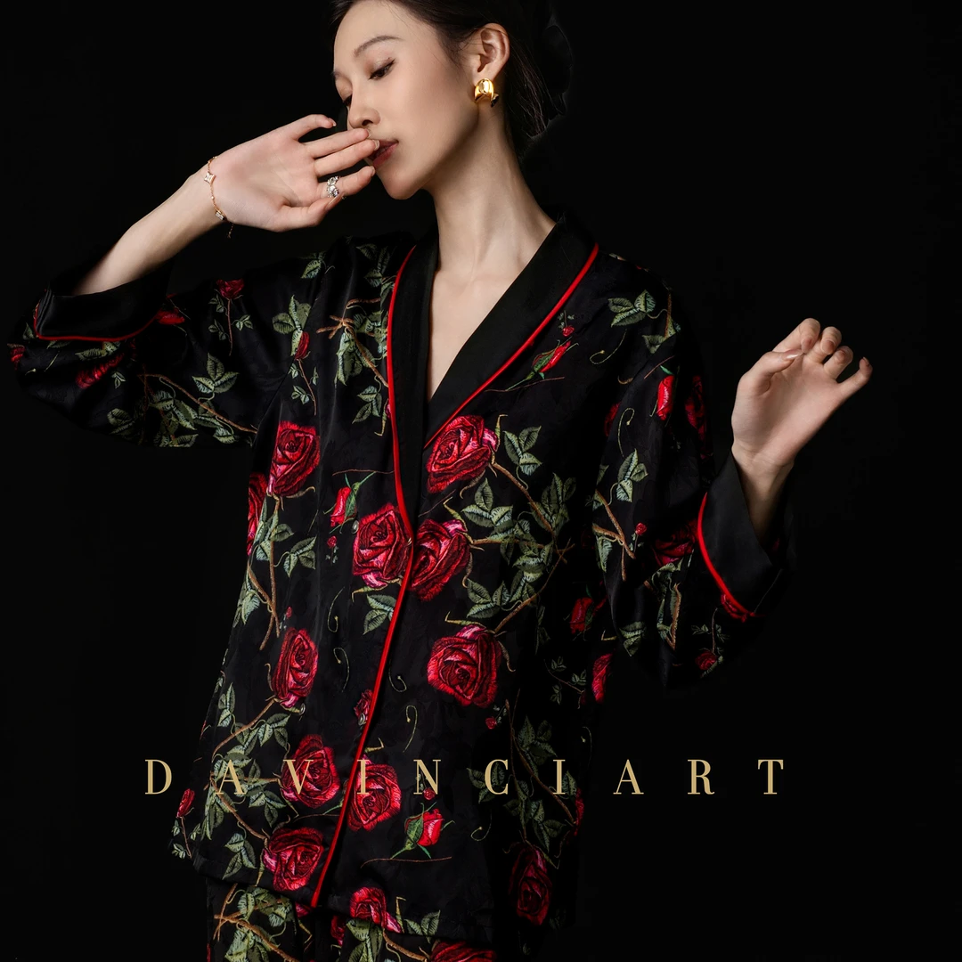 达芬奇密码【黑金玫瑰】设计感女士轻奢柔光软丝睡衣家居服礼盒装