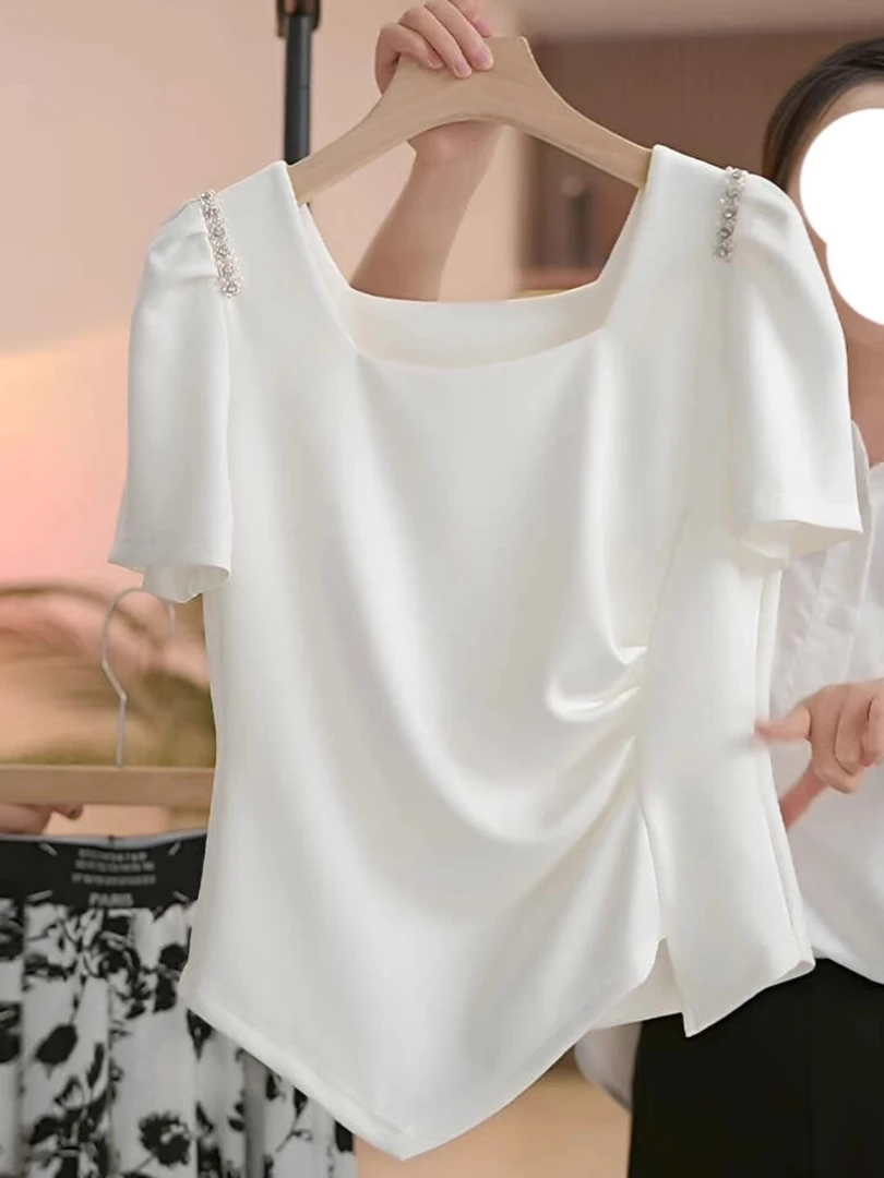 2025夏季新款女不规则方领短袖t恤女高级感褶皱遮肚洋气法式上衣