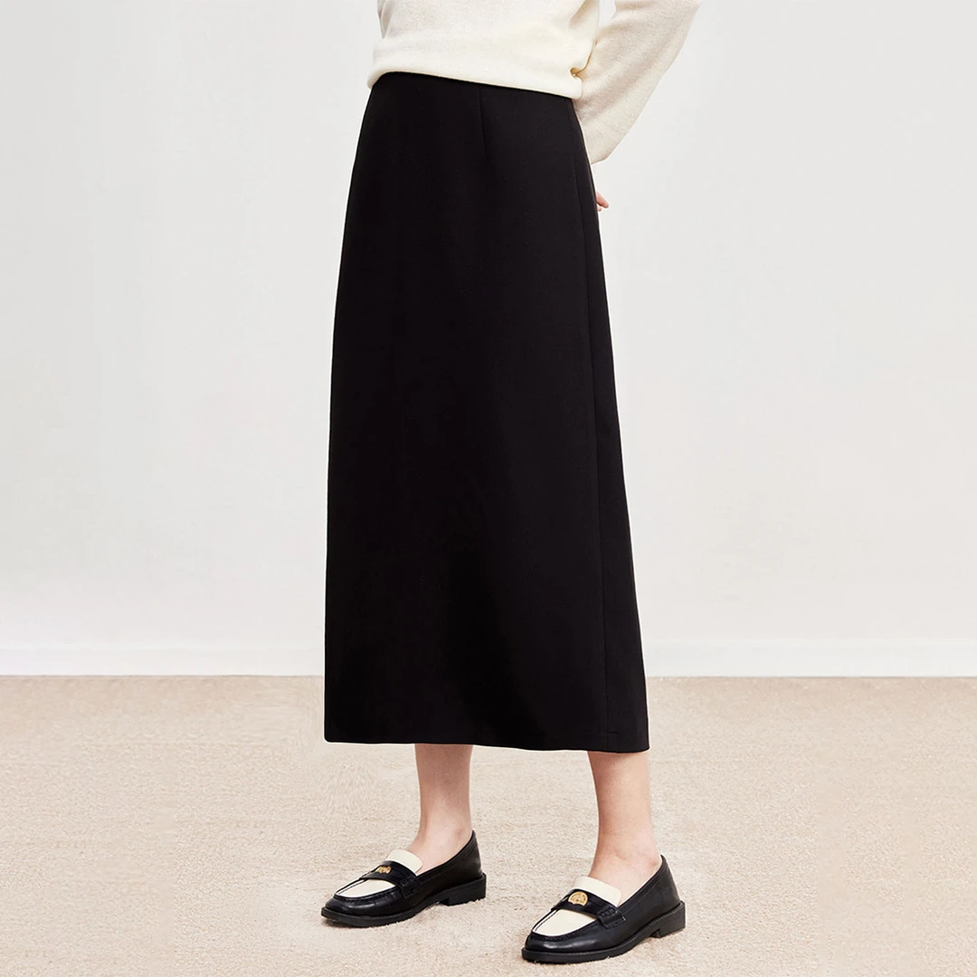 冬季黑色毛呢简约女高腰显瘦大码半身裙宽松遮胯遮肚子垂感中长裙
