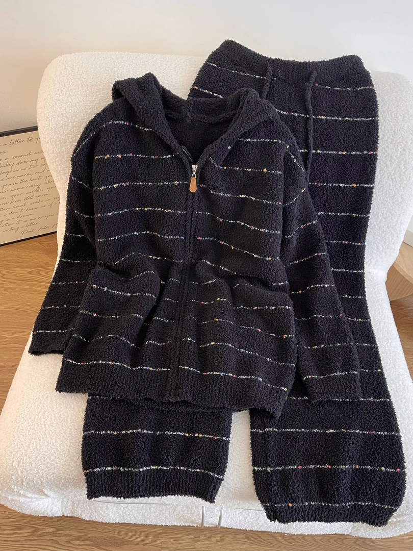 【DMXJ大梦想家】韩版简约条纹半边绒睡衣女秋冬新款保暖家居服套装