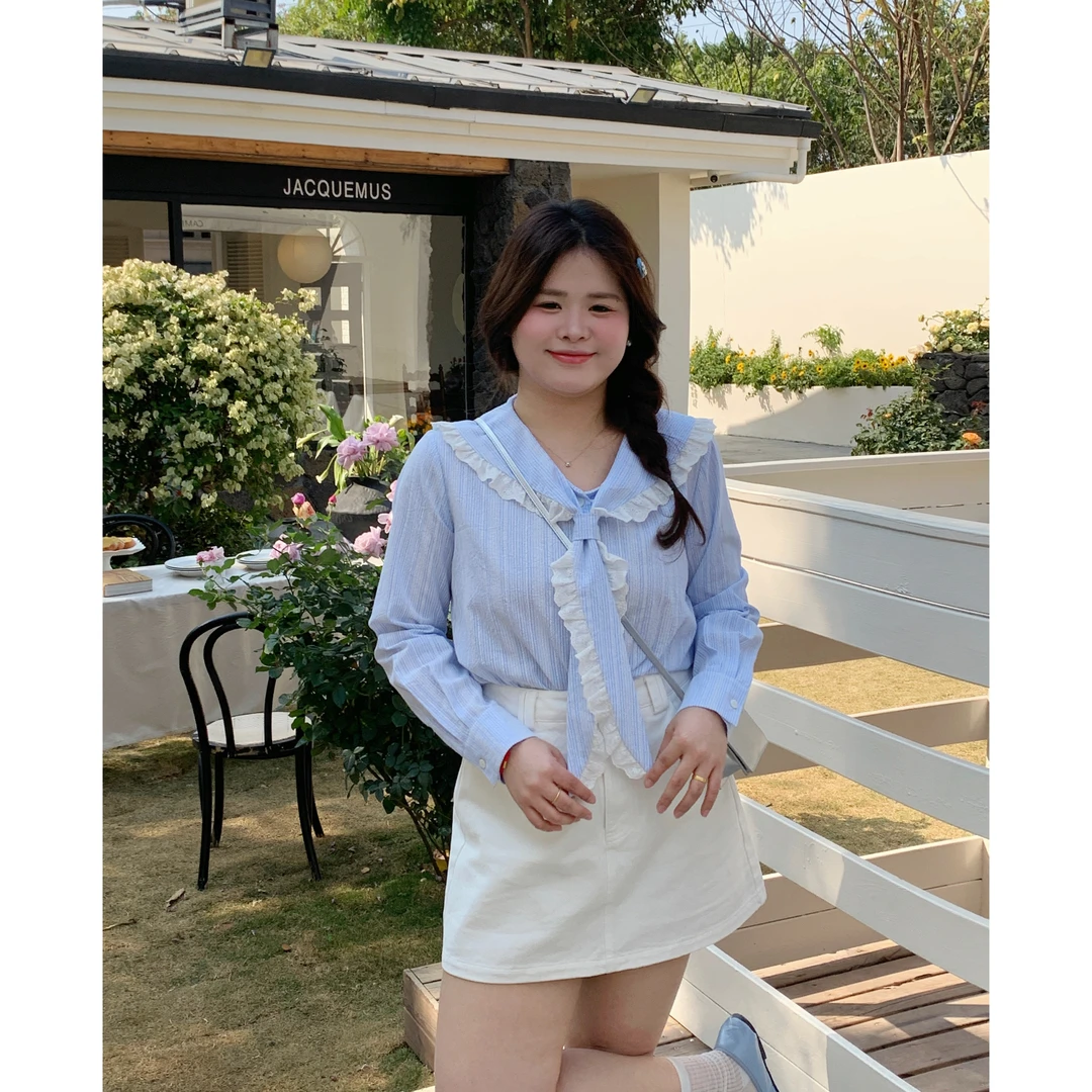 【奶蓝乖乖牌】大头婷丫丫定制春季海军领花边兔耳朵条纹衬衫