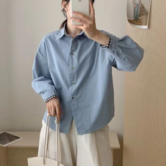 花汐 2025春季新款撞色格子袖口翻领宽松显瘦纯棉气质衬衫