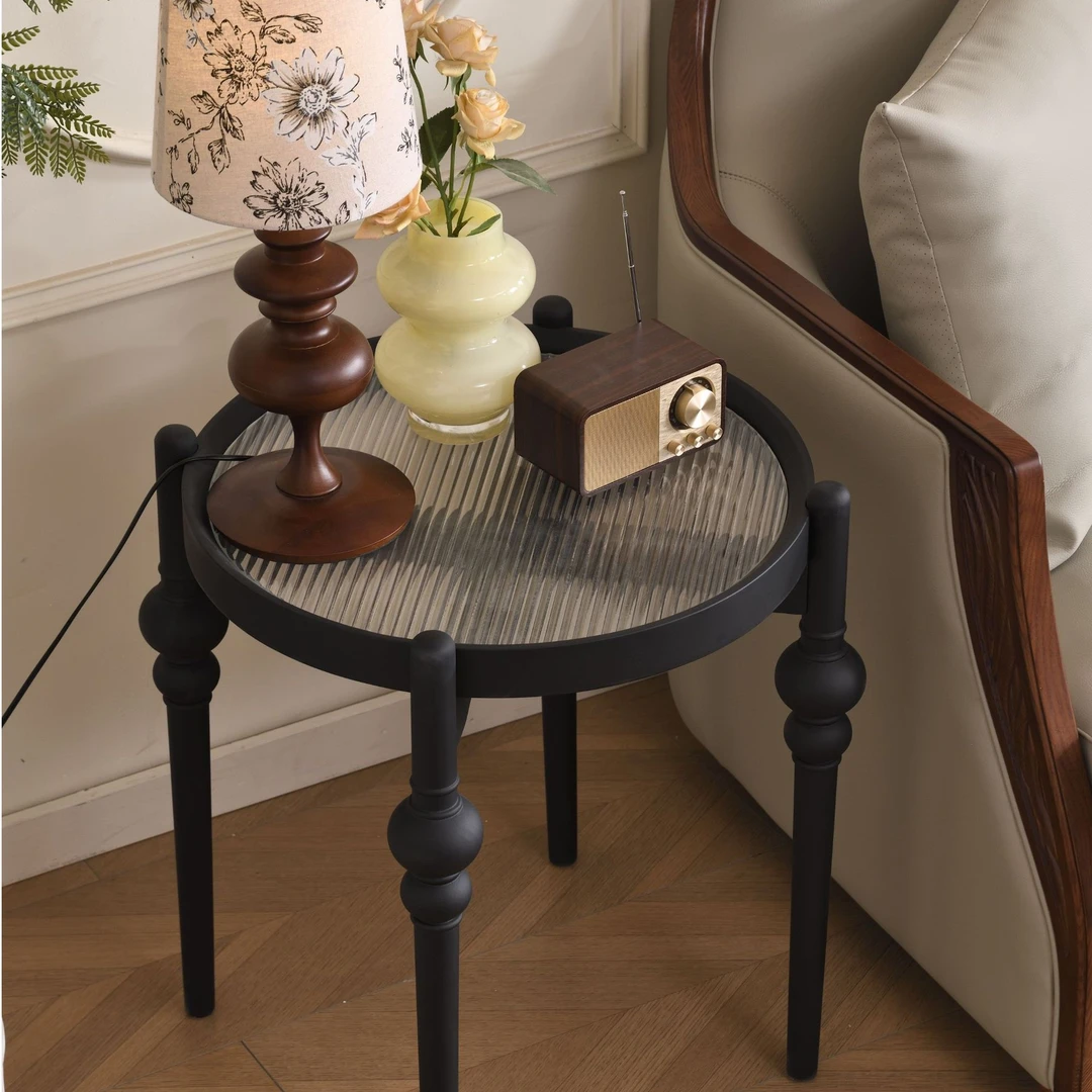 法式中古实木长虹玻璃边几角几落地玻璃圆几创意立式小圆边几客厅