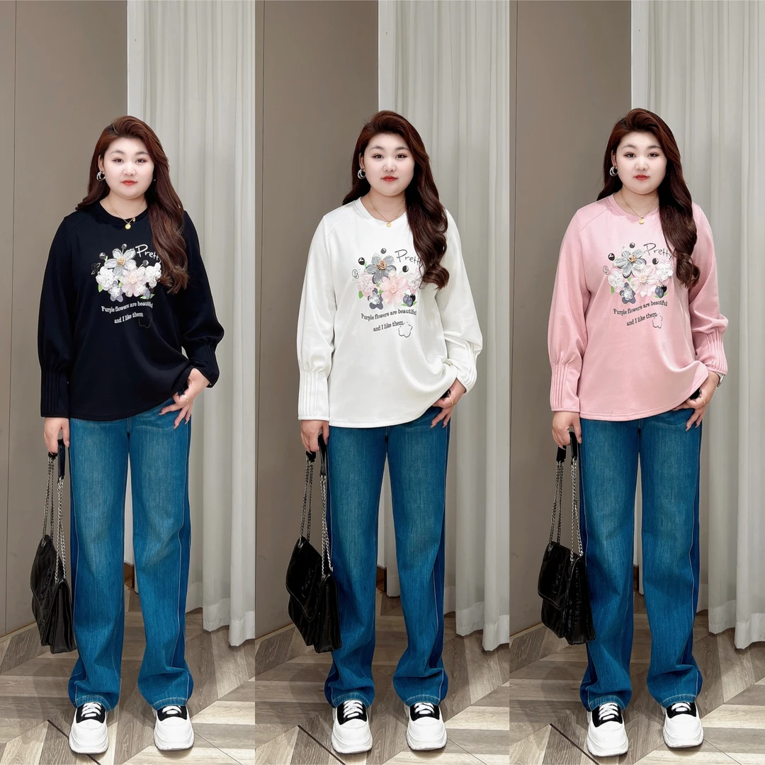 【上新】PMM81754春夏新款简约百搭立体花圆领宽松休闲显瘦T恤