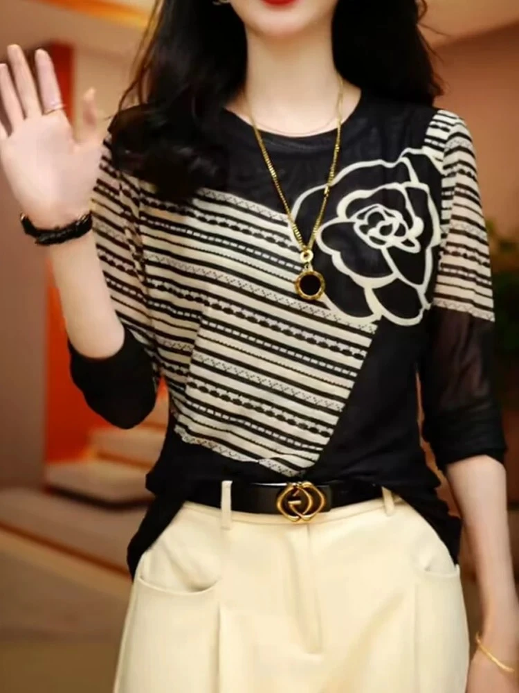 1006#春秋气质显瘦减龄时尚印花定位花洋气遮肉百搭休闲长袖小衫