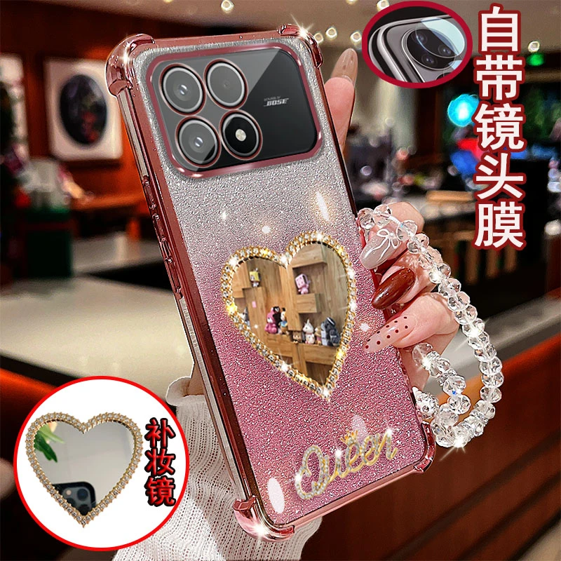 适用于红米k90手机壳镜头全包边四角气囊镶钻爱心镜子防摔保护套