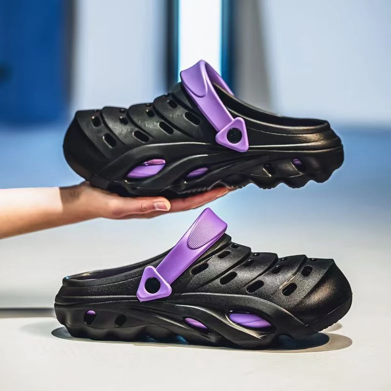 2025夏季8877拖鞋防滑厚底胶粘鞋包头夏季洞洞鞋透气半拖欧若动感