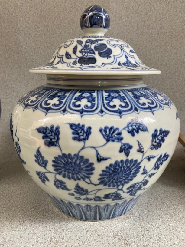 大明永乐柴窑青花花卉图纹盖罐高36厘米直径27厘米仿古