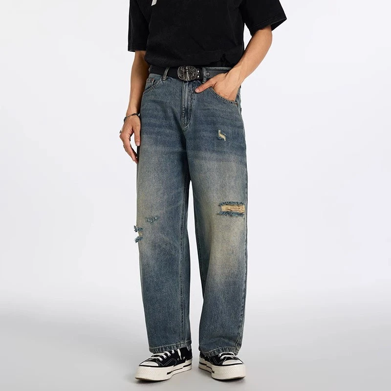 Cebrodz新款潮牌美式复古水洗浅蓝休闲宽松直筒潮流破洞牛仔裤