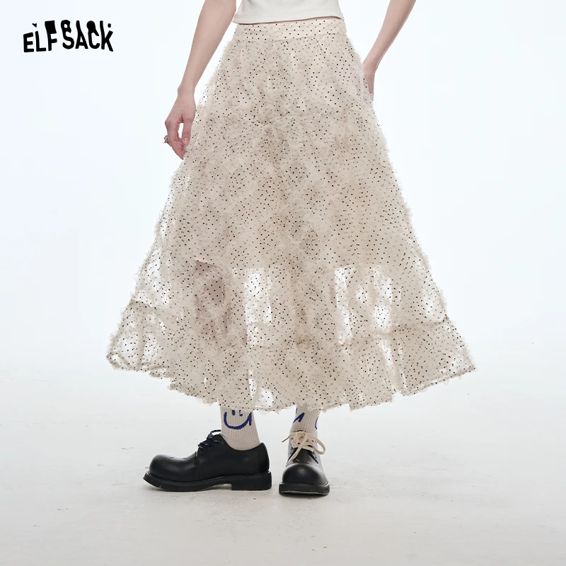 妖精的口袋2025年春季新款甜美气质蕾丝花边长裙波点网纱半身裙女