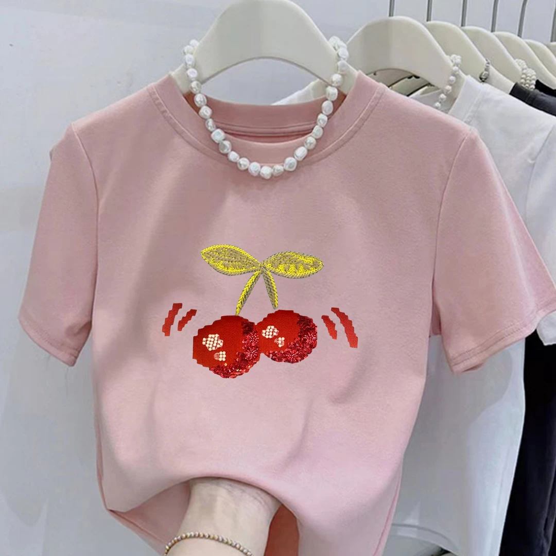 2025新款圆领红色樱桃印花短袖t恤女修身显瘦韩版打底半袖上衣