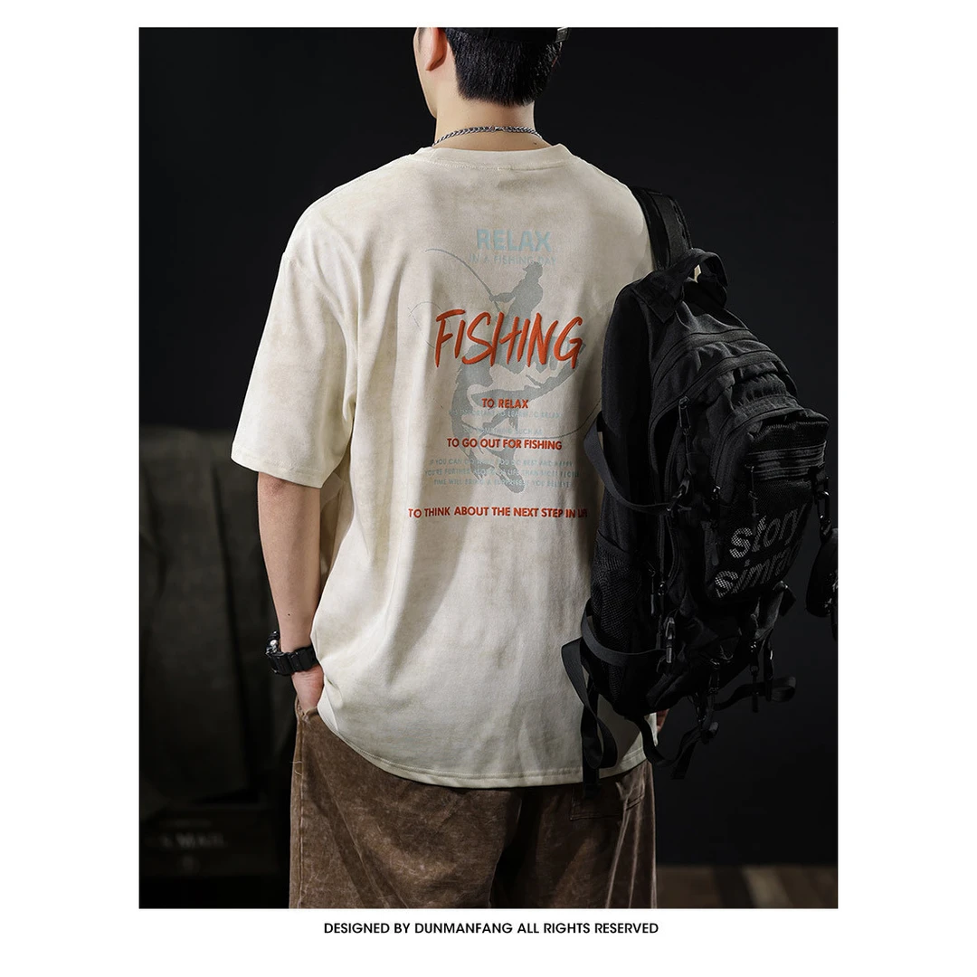 夏季轻奢新款潮流男士宽松短袖t恤美式五分圆领印花休闲男款半袖