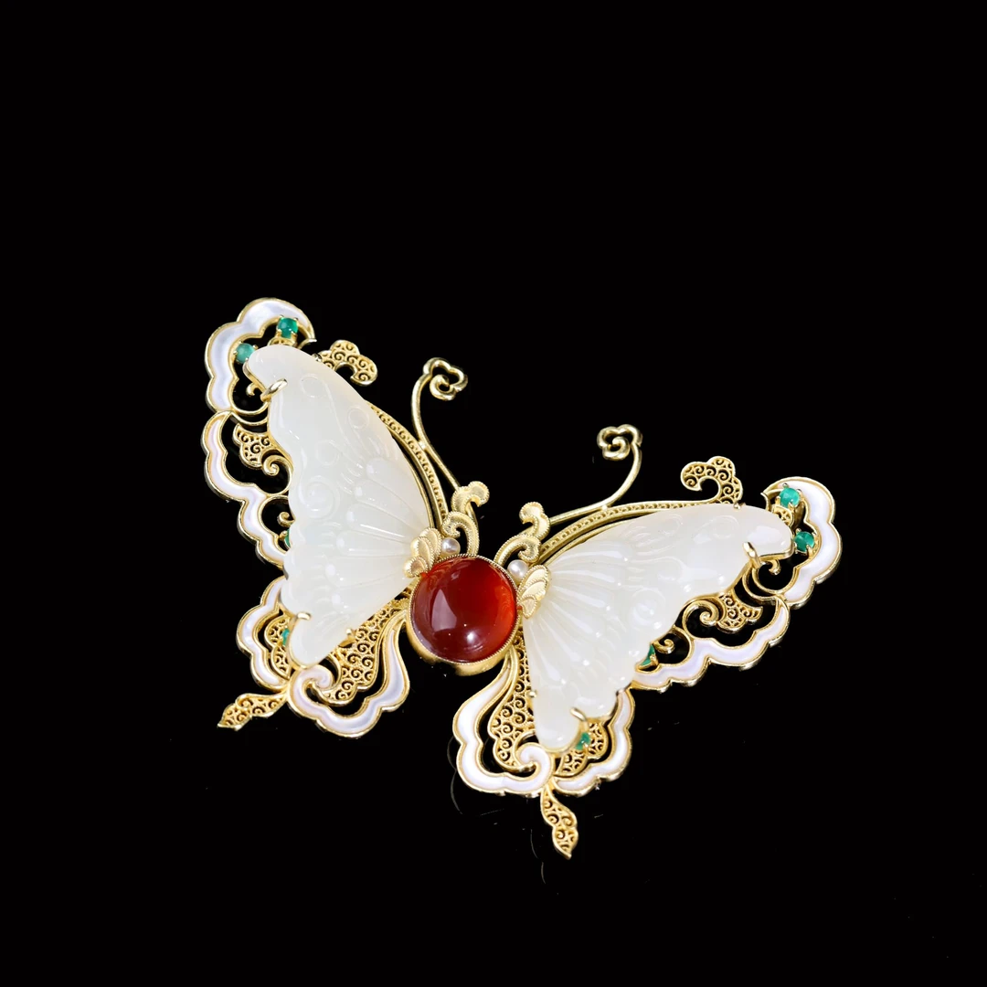 【锦瑟】原创国风新中式定制珠宝s925银镶嵌和田蝴蝶胸针吊坠