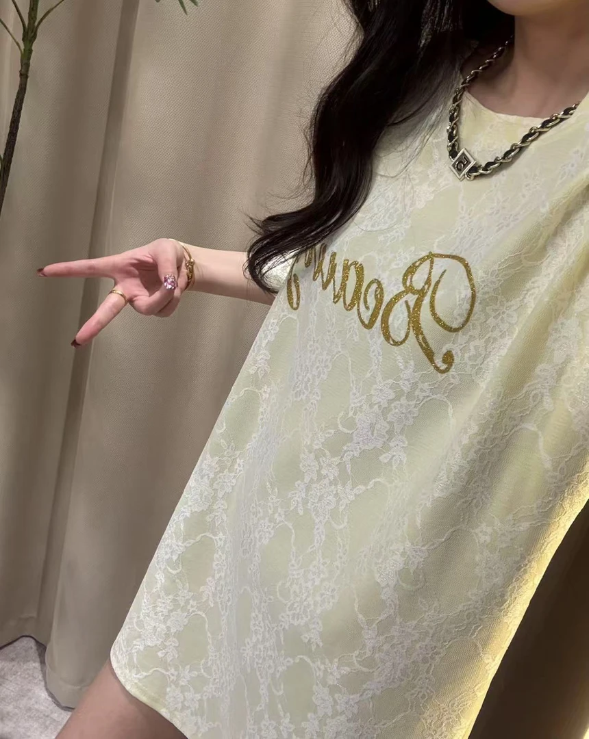 蕾丝+设计感小众T恤宽松版型中长款