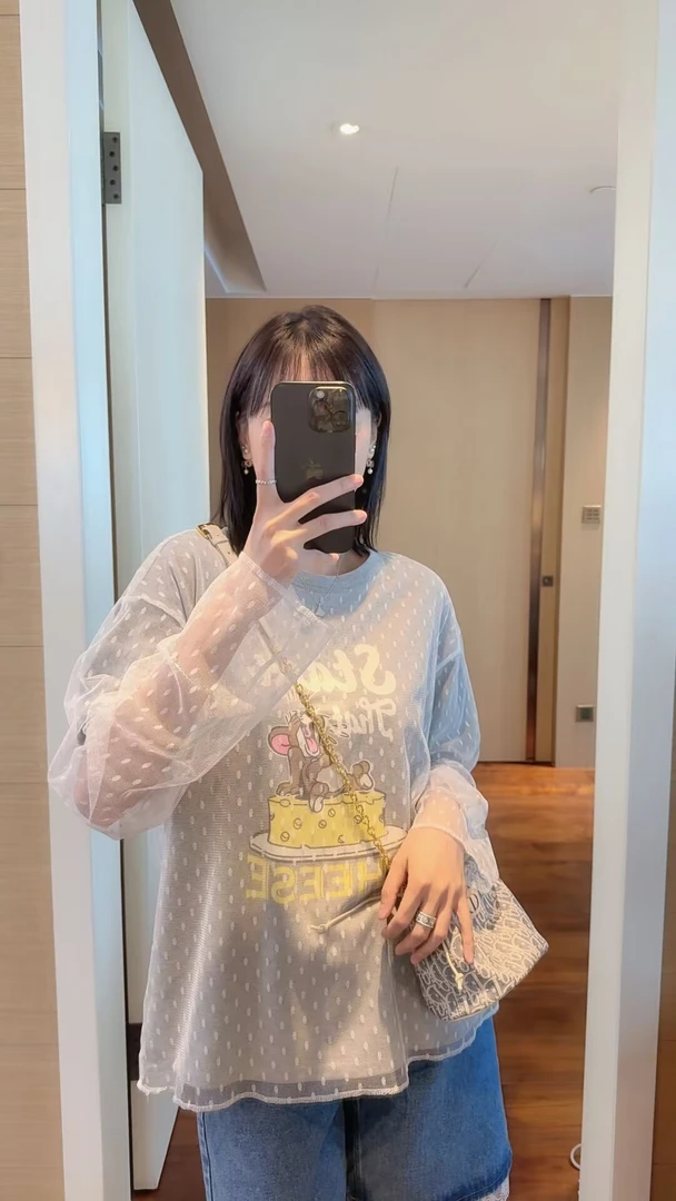 【张静芝】夏季新品~时髦洋气卡通奶酪蛋糕拼蕾丝假两件T恤