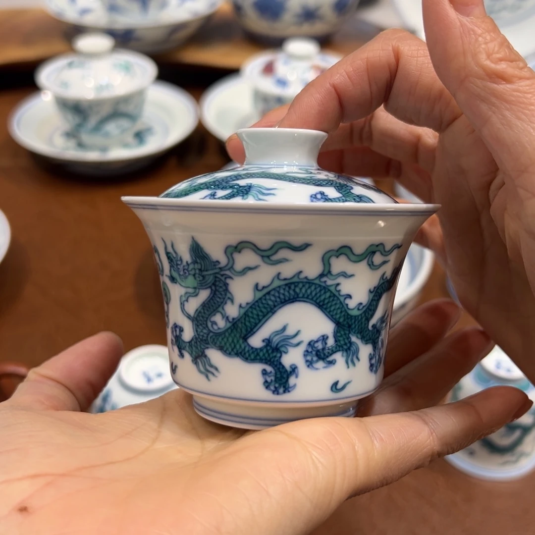 盖碗斗彩绿龙马蹄盖碗110毫升