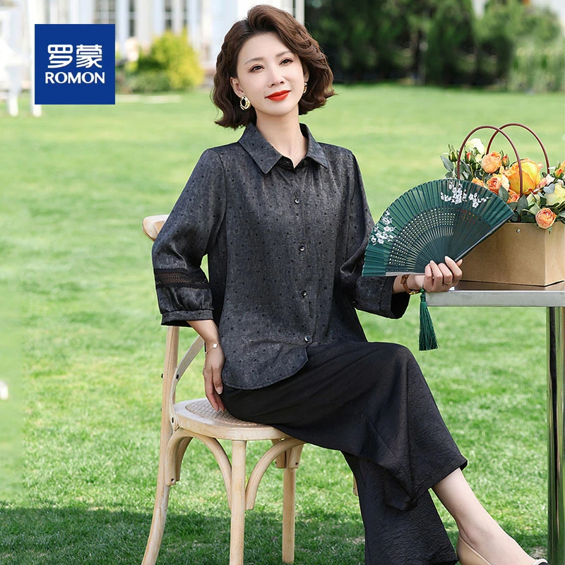 罗蒙中年妈妈宽松休闲上衣春夏季新款时尚中老年薄款洋气套装女