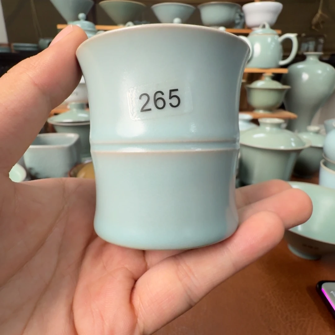 摆件陶一级仿古天青薄胎竹节杯100cc开片