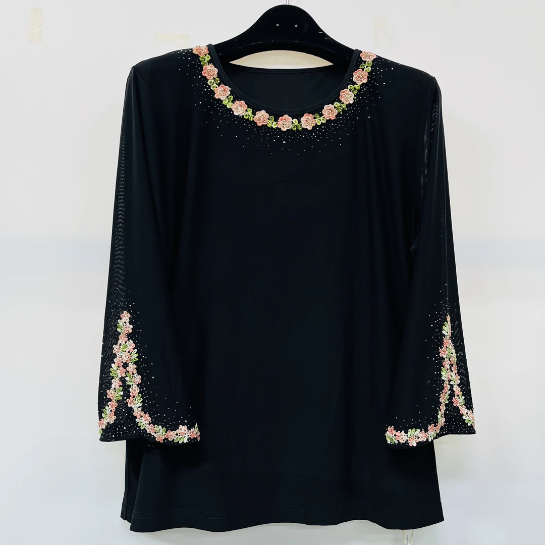 荣澜新款韩国冰丝麻小碎花减龄网纱袖刺绣母亲节衣服中老年7001