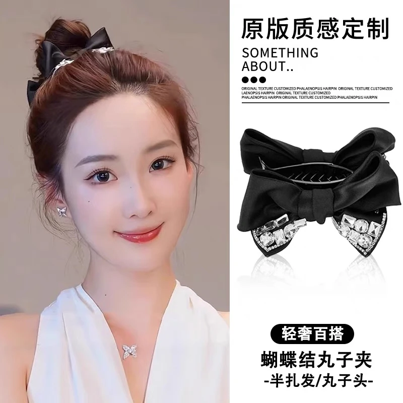 方钻蝴蝶结ins丸子抓夹法式发卡小香风丸子夹手工缎面发饰发夹W17