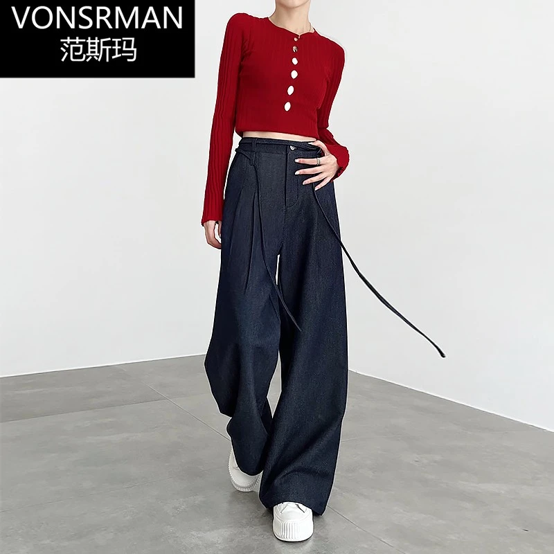 深蓝色牛仔阔腿裤女春秋2025新款高腰垂感抽绳休闲宽松直筒拖地裤