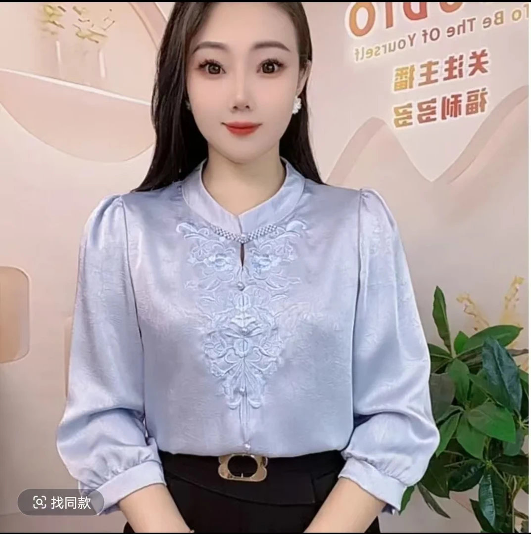夏款时尚刺绣宽松气质显瘦纯色衬衫女士七分袖小衫2517