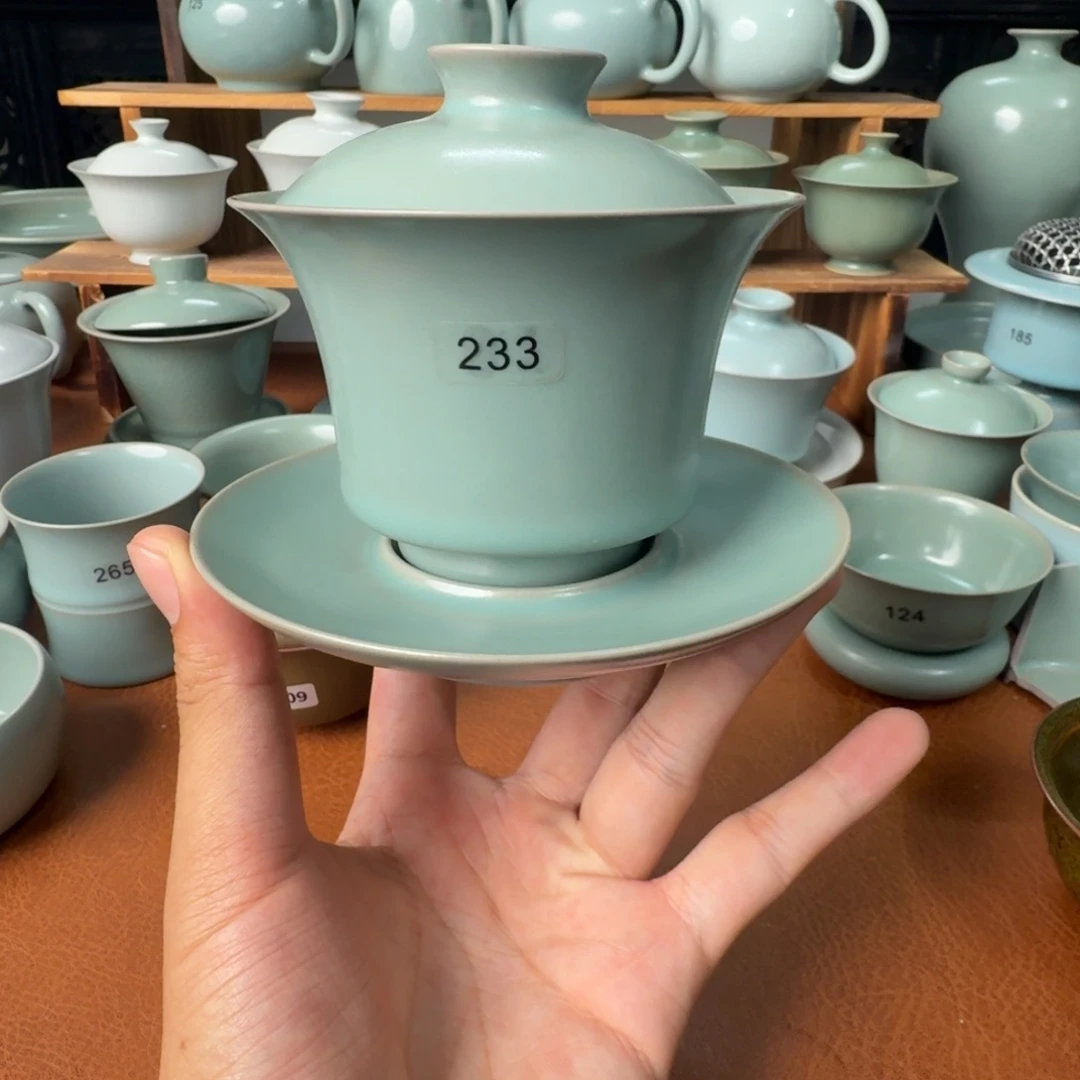 孤***鹤陶摆件一级仿古青绿超薄胎三才马蹄盖碗