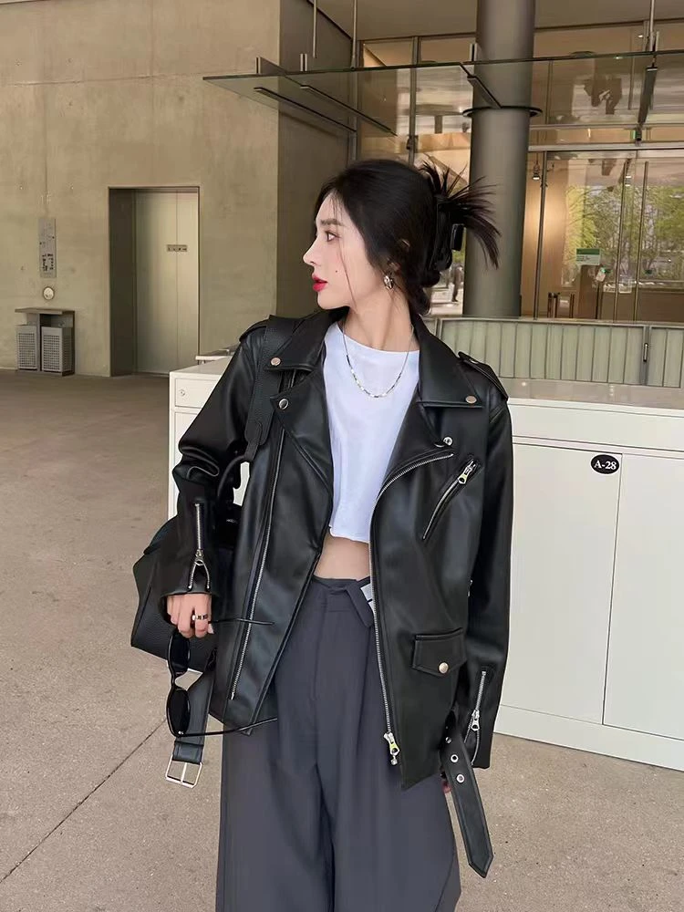 秋季新款皮衣女外套宽松小众痞雅机车服上衣黑色皮夹克外套2596
