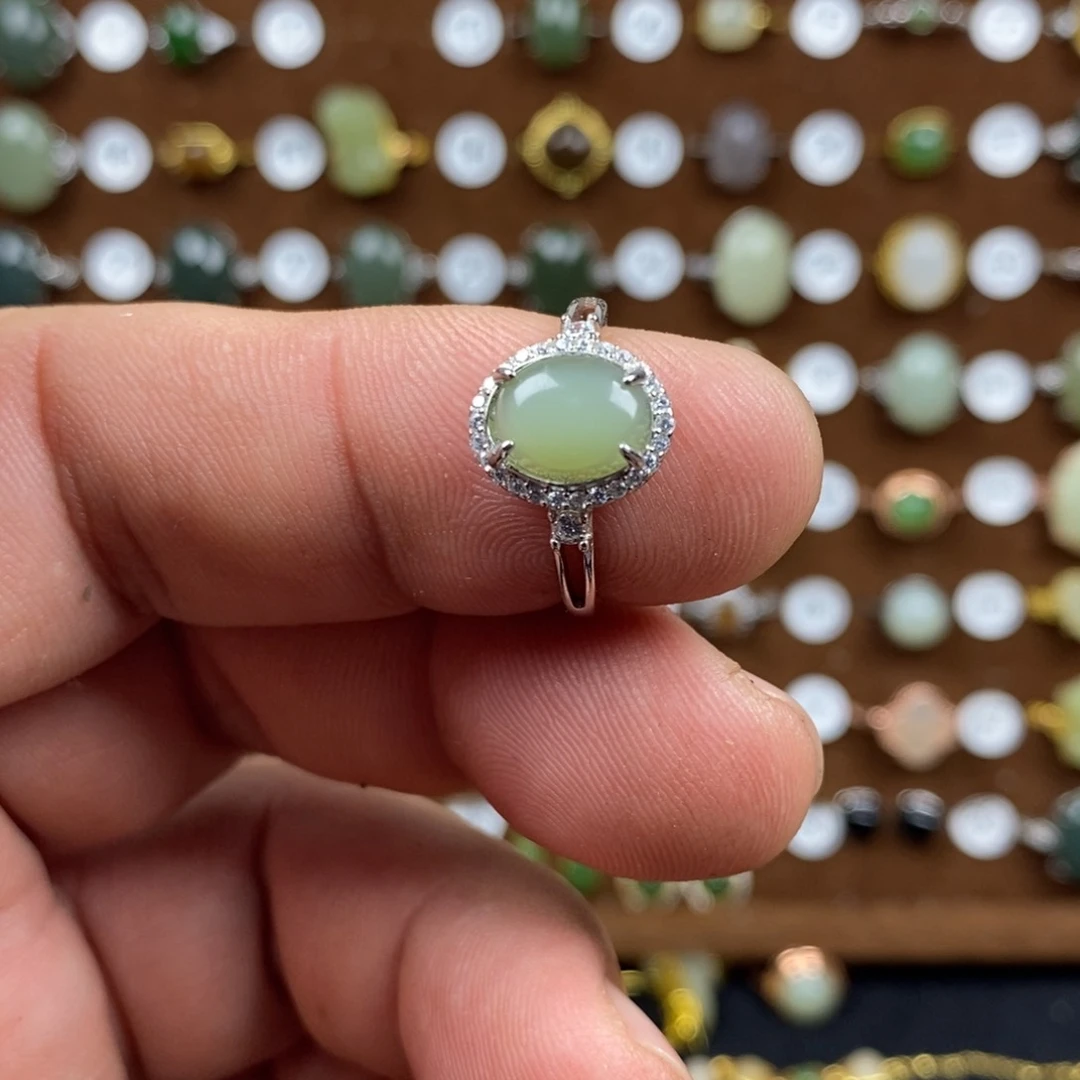 和田玉（碧玉）戒指银S925镀金镶嵌