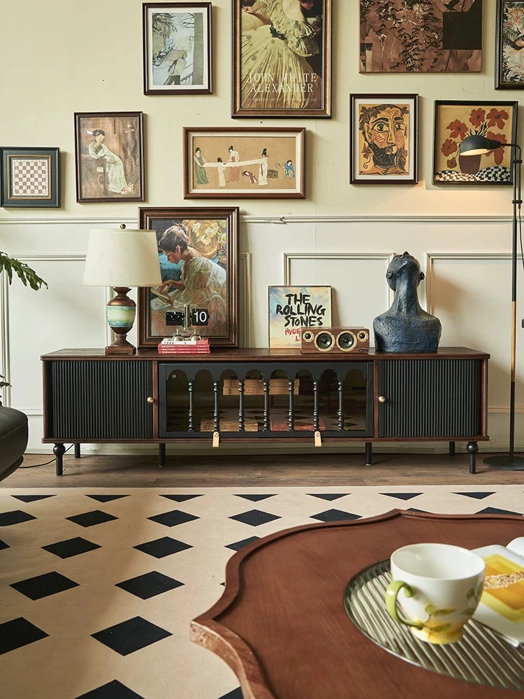 法式复古实木电视柜小户型客厅收纳储物柜一体黑色家用轻奢中古风