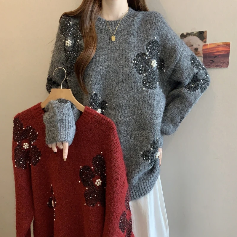 实拍大码女装秋冬法式重工花朵钉珠圆领套头毛衣胖妹妹遮肚针织衫