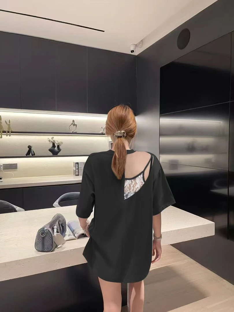 9027【不退换】特色美背蕾丝镂空中长宽松懒人T恤上衣雪花棉半卡通