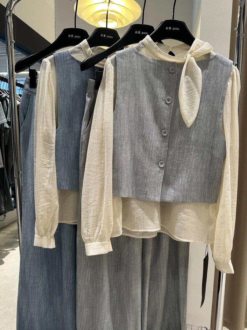 【木朴素外套25】休闲气质款长袖衬衣马甲高腰阔腿裤时尚套装5913