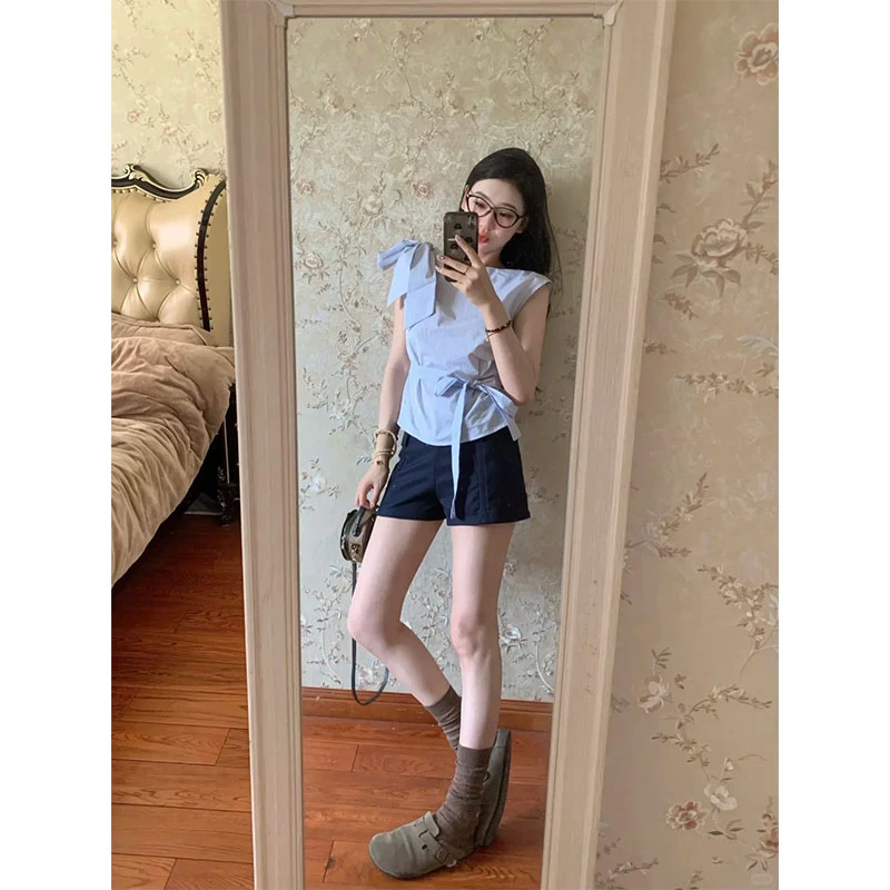 夏季韩系穿搭设计感绑带显瘦修身短款上衣高腰阔腿休闲短裤两件套