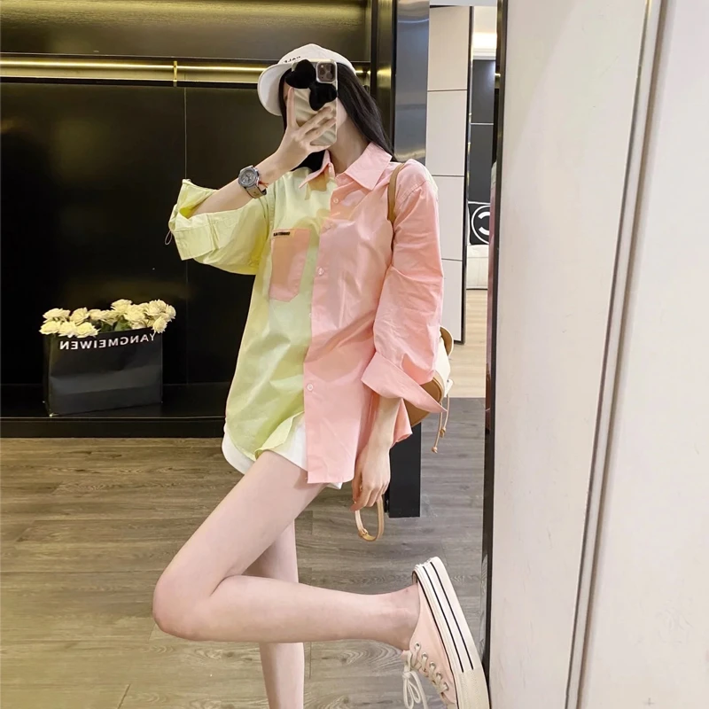 法式粉色拼接黄色衬衫女韩版撞色中长款显瘦百搭设计感小众宽松衣