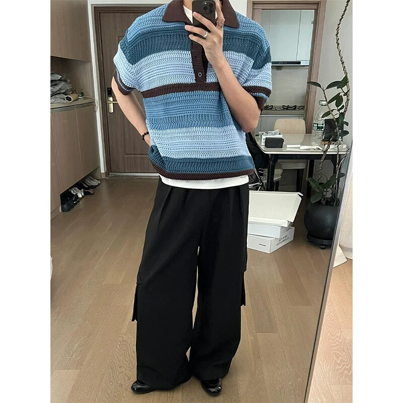 复古拼色镂空针织衬衫短袖男款夏季翻领polo衫老钱风穿搭透气t恤