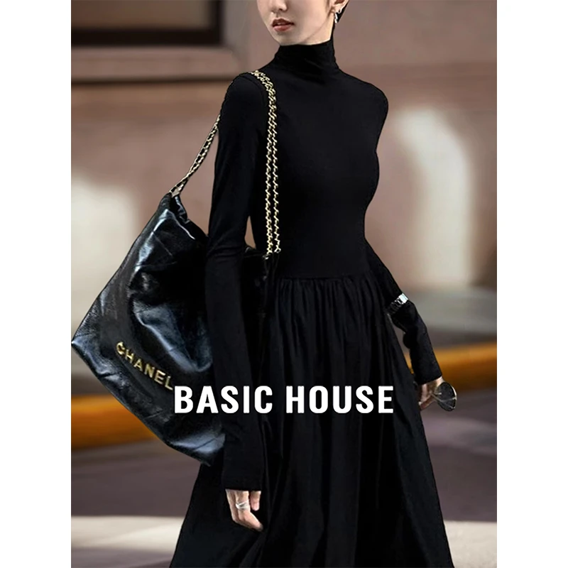 Basic House/百家好黑色磨毛半高领连衣裙高级感长裙秋冬显瘦内搭