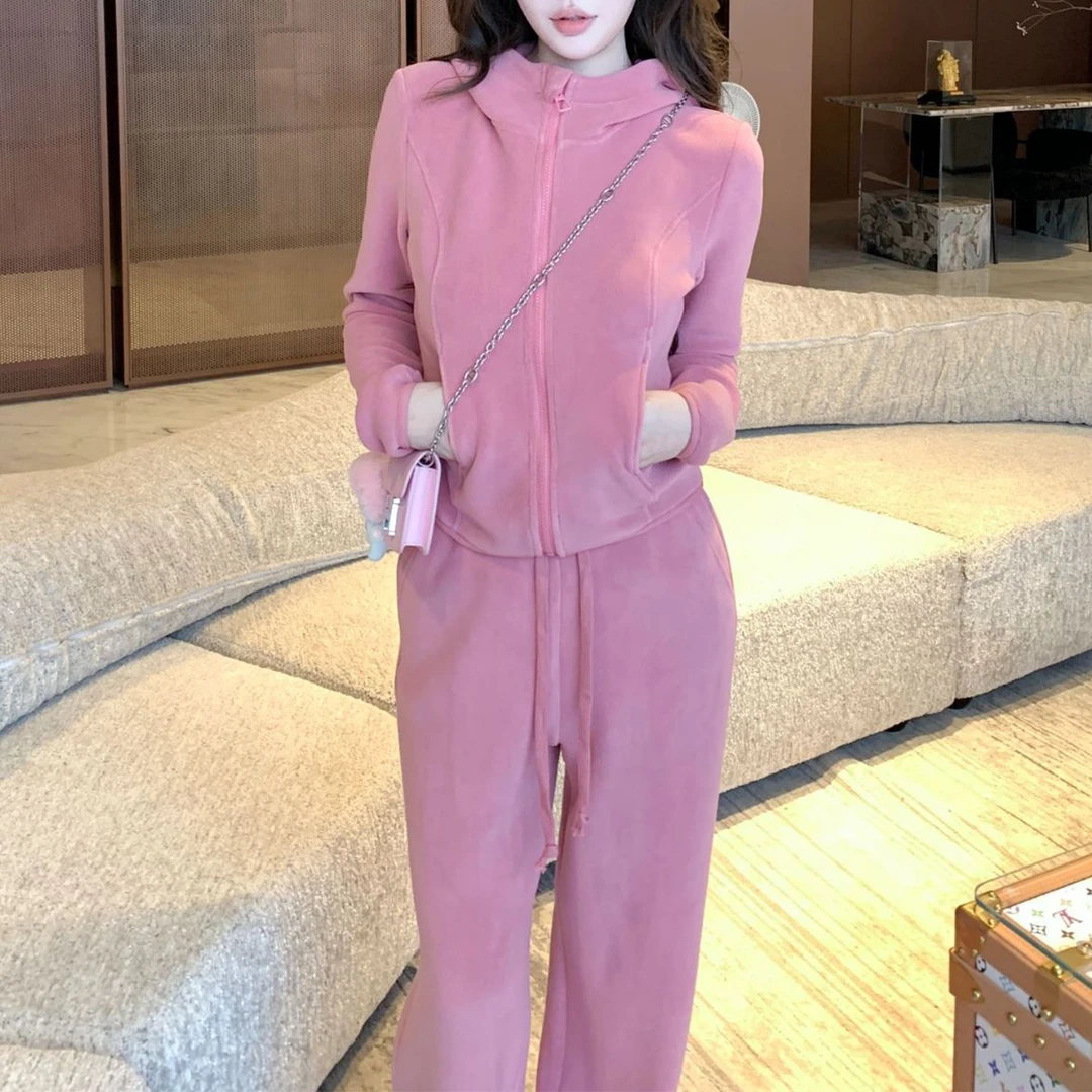 松弛感休闲时尚套装女冬季新款显瘦纯色加厚连帽卫衣阔腿裤两件套