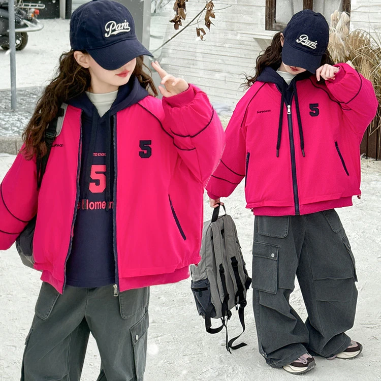 女童秋冬棉服外套新款假两件洋气儿童加厚棒球服棉衣女孩百搭潮