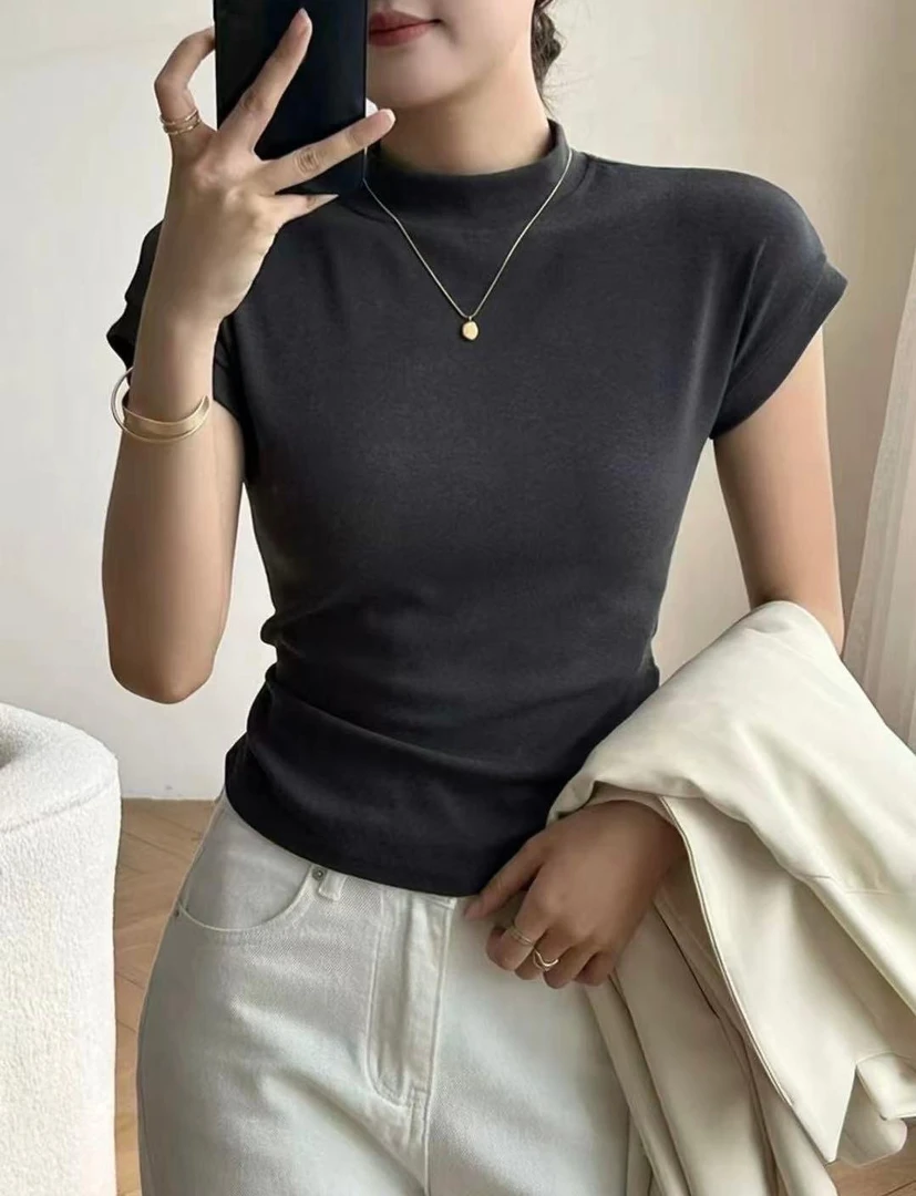 小敏推荐紫皇冠新款收腰立领飞飞袖上衣3207短袖百搭紧身半袖修身